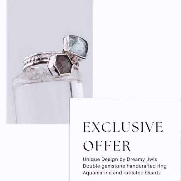 AQUAMARINE & RUTILATED QUARTZ DOUBLE RING HANDMADE IN STERLING SILVER SZ 6.5 - Picture 2 of 5